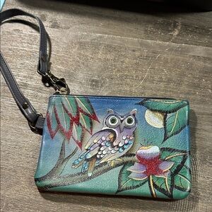 Anna by Anuschka hand-painted leather coin purse Hand-Painted Owl Wristlet Pouch